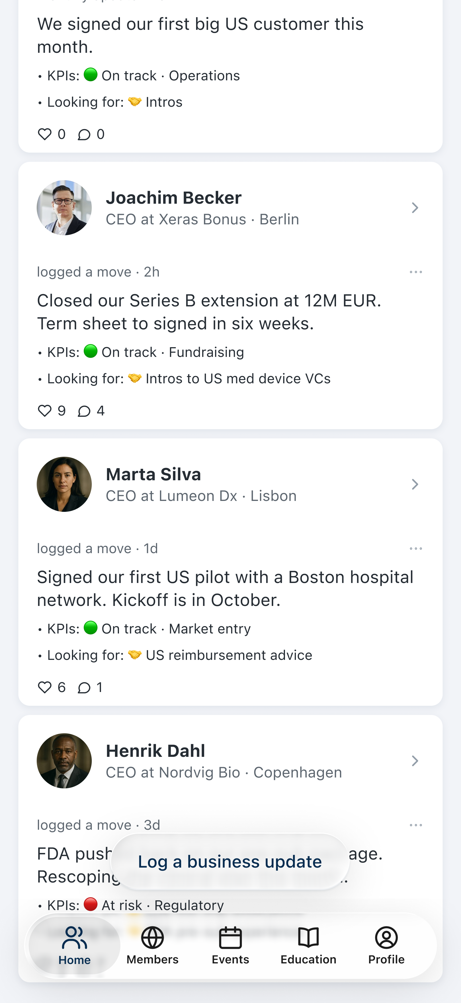 CEO XB cohort feed of posted updates showing each peer’s win, KPI status, and what they’re looking for